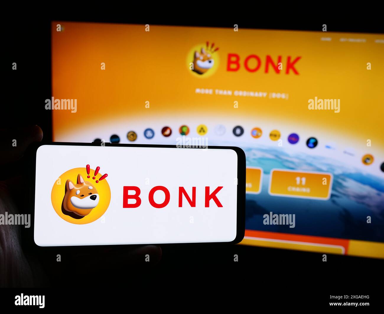 Personne tenant un smartphone avec le logo de la compagnie de pièces de chien Bonk Inu en face du site Web. Concentrez-vous sur l'affichage du téléphone. Banque D'Images