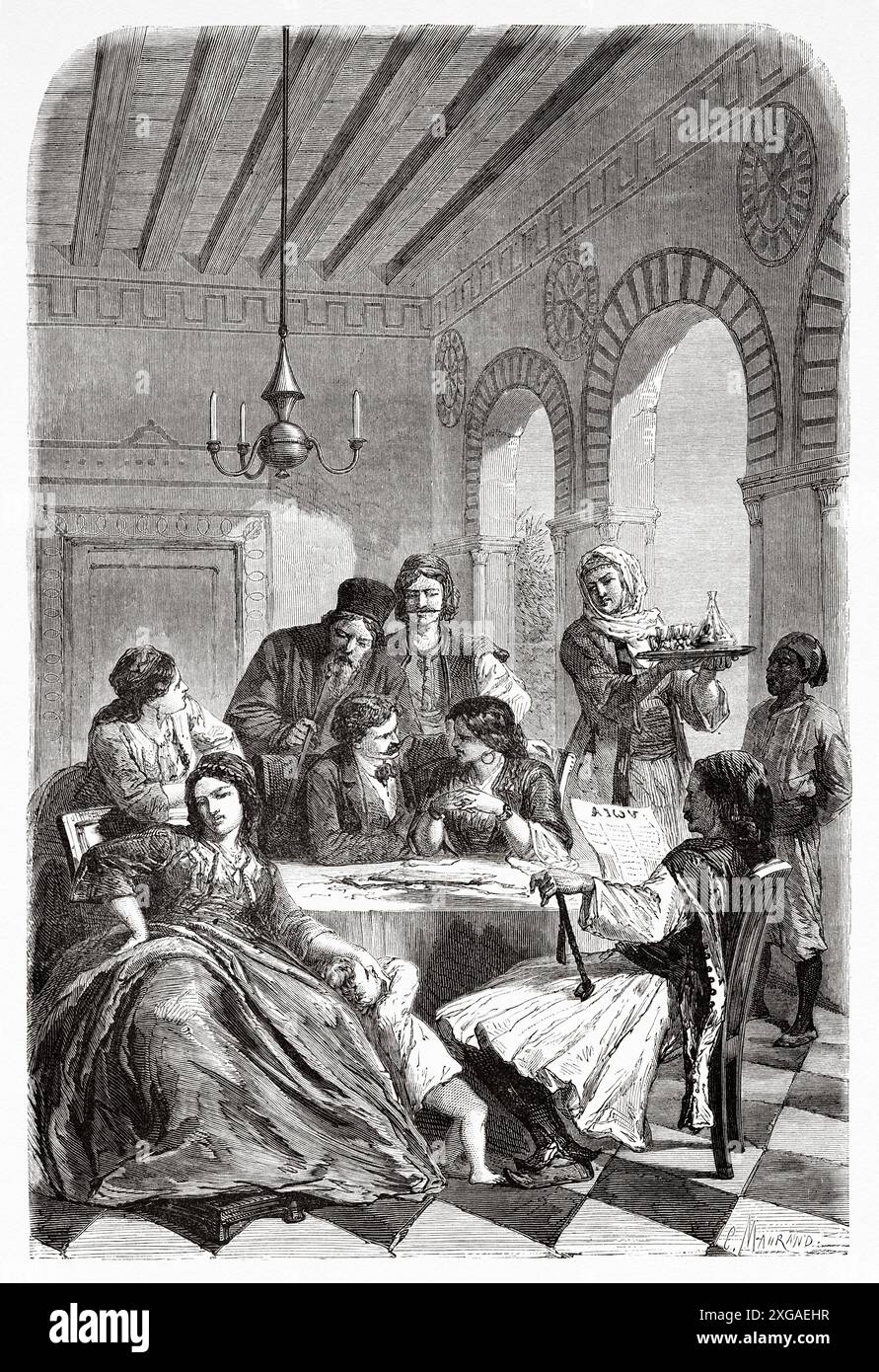 Intérieur d'une maison familiale grecque, Grèce, dessin de Proust d'Un hiver à Athènes, 1857-1858 d'Antonin Proust (1832-1905) le Tour du monde 1862 Banque D'Images