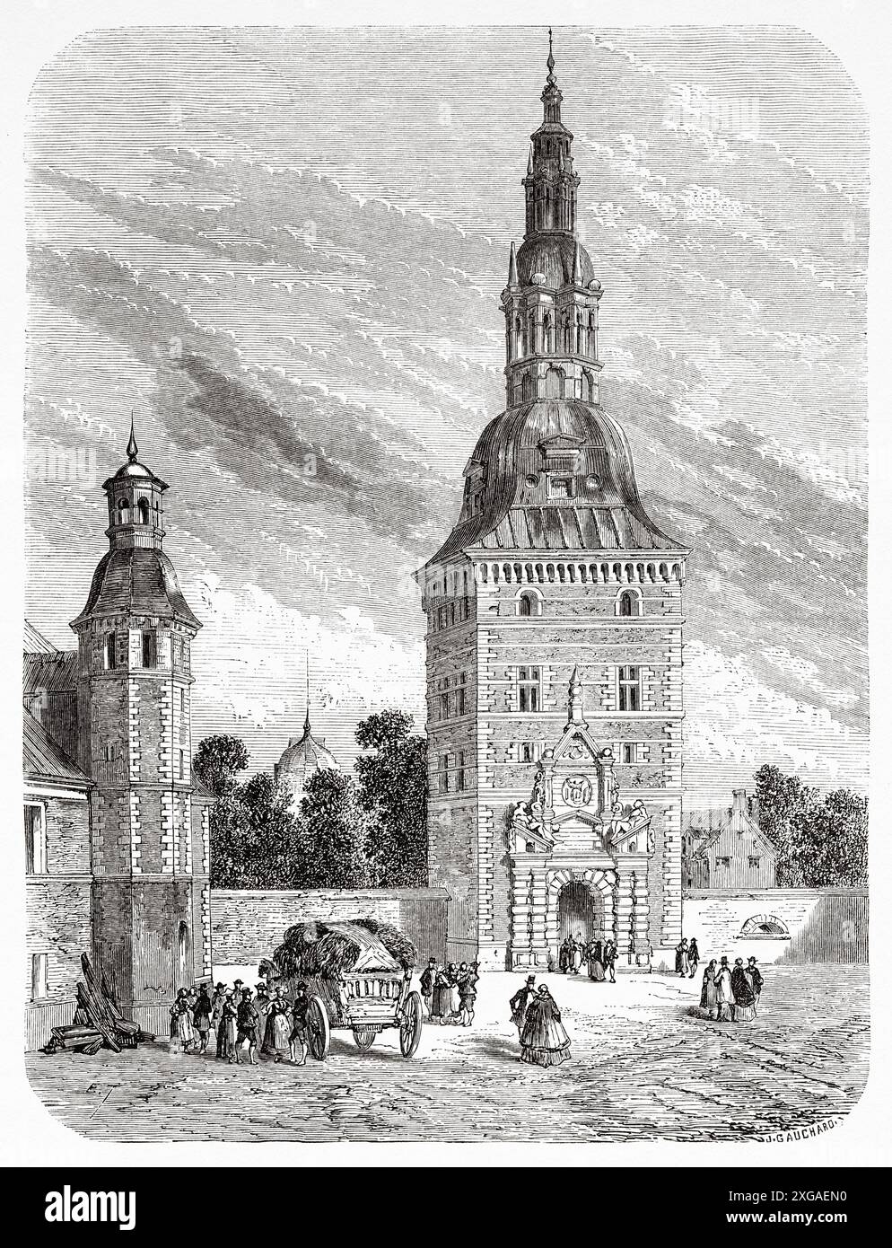 Tour du château de Frederiksborg, Hillerod, Danemark, dessin d'Emile Therond (1821-1883) de voyage au Danemark, 1860 de Jean-Marie Dargaud (1800-1866) le Tour du monde 1862 Banque D'Images