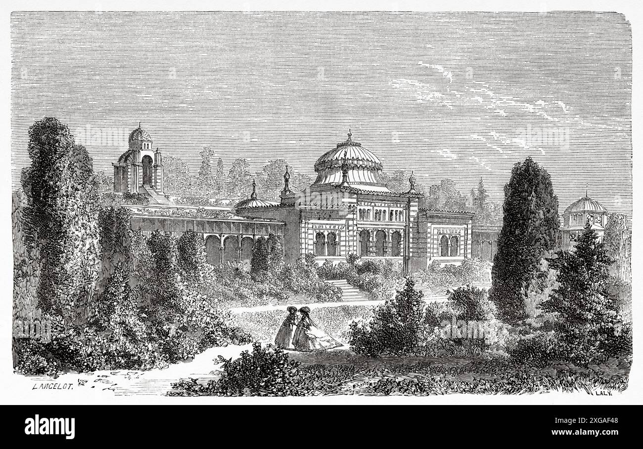 Jardin botanique zoologique Wilhelma, Stuttgart, Allemagne. Dessin de Dieudonne Lancelot (1823 - 1895) voyage de Paris à Bucarest 1860, de Victor Duruy (1811 - 1894) le Tour du monde 1862 Banque D'Images