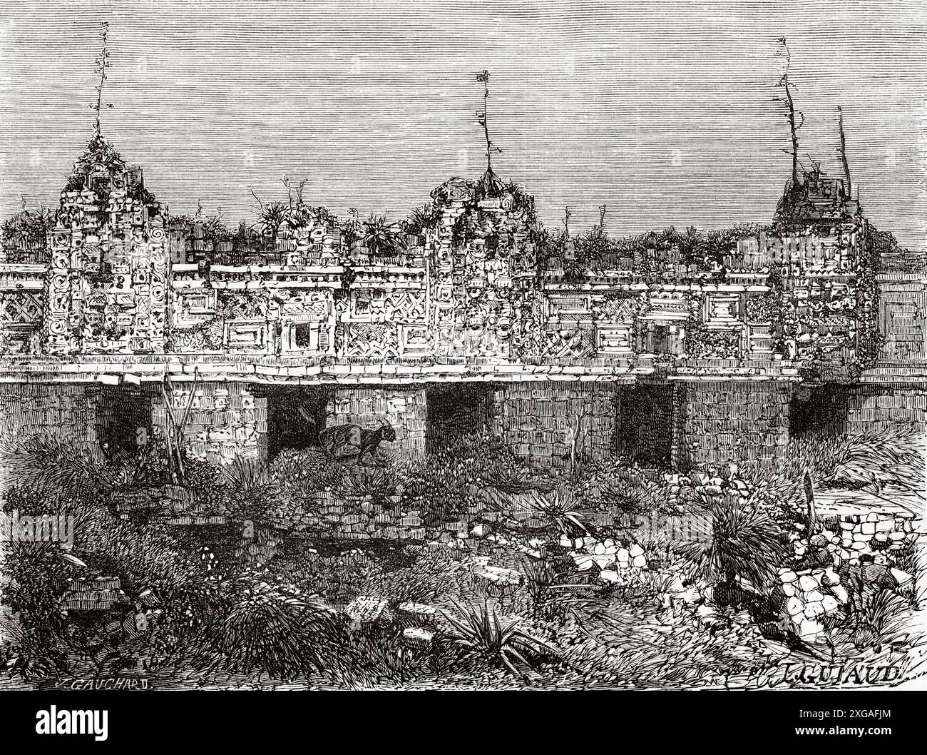 Quadrangle des moniales aux ruines d'Uxmal, péninsule mexicaine du Yucatan, Mexique, dessin de Jacques Guiaud (1811-1876) voyage au Mexique, 1854-1855 d'Ernest Vigneaux. Le Tour du monde 1862 Banque D'Images
