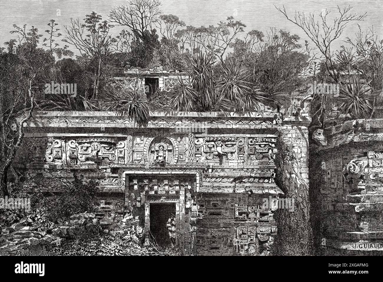 Façade de la maison des religieuses à Chichen Itza, péninsule mexicaine du Yucatan, Mexique, dessin de Jacques Guiaud (1811-1876) voyage au Mexique, 1854-1855 d'Ernest Vigneaux. Le Tour du monde 1862 Banque D'Images