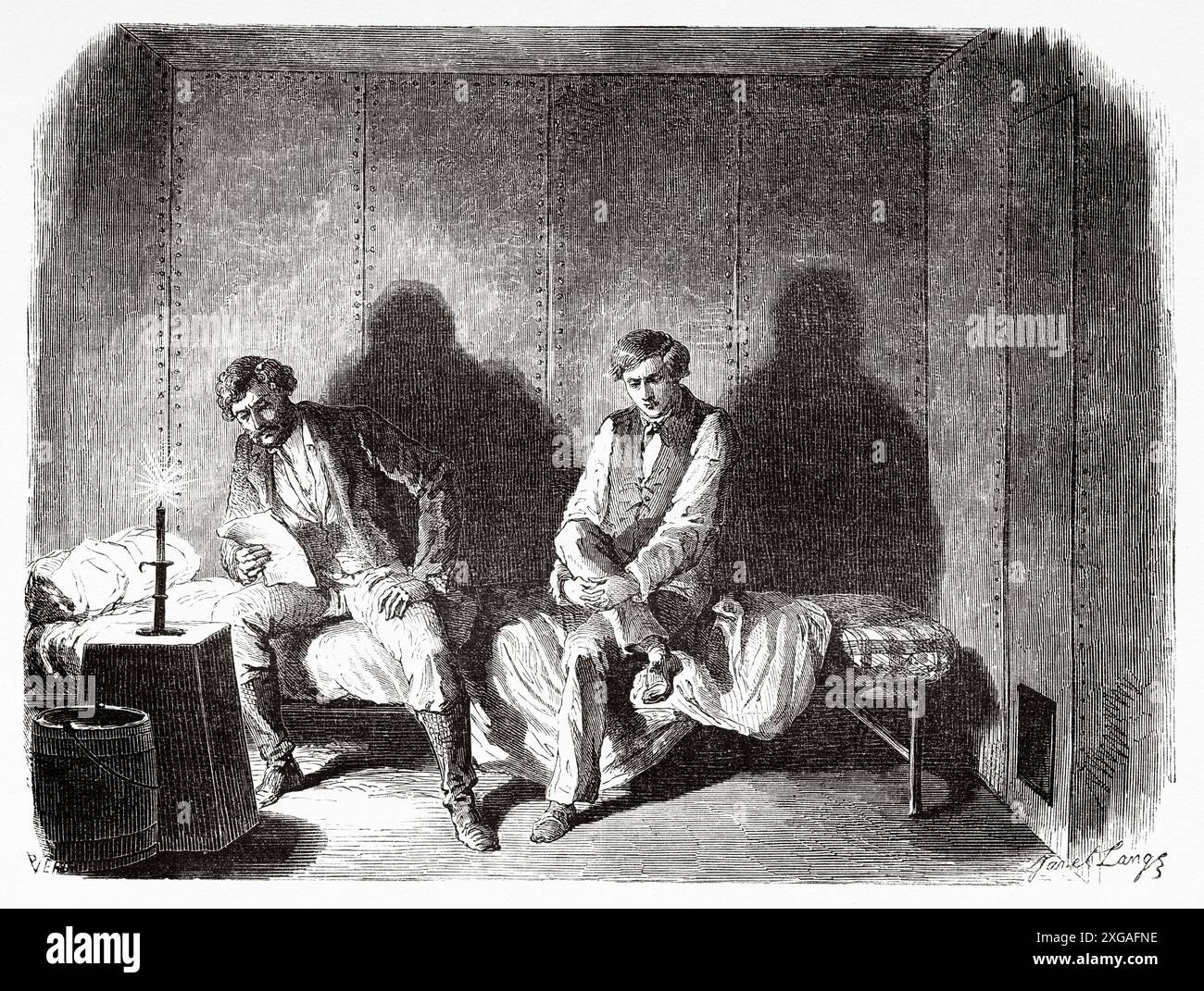 Le docteur abolitionniste John Doy et son fils Charles Doy dans in remplissant Joseph Jail, Missouri. États-Unis d'Amérique, dessin de Janet Lange (1815-1872) Adventures of a Kansas abolitionnist in Missouri, 1855. Histoire du Docteur John Doy (1812-1869) le Tour du monde 1862 Banque D'Images