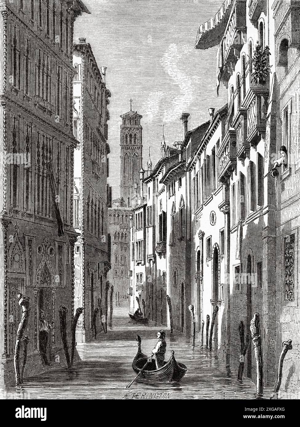 Le petit canal Bernardo, Venise. Italie, dessin de Karl Girardet (1813-1871) Venise d'Adalbert de Beaumont (18091-1869) le Tour du monde 1862 Banque D'Images