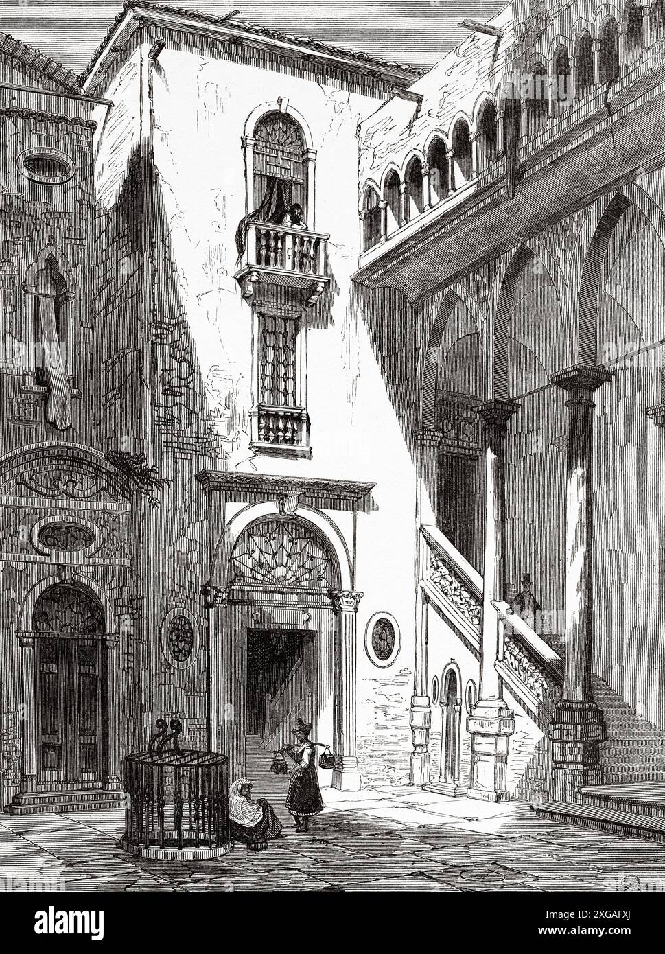 Cour du Palazzo Da Mula Morosini, Venise. Italie, dessin de Karl Girardet (1813-1871) Venise d'Adalbert de Beaumont (18091-1869) le Tour du monde 1862 Banque D'Images