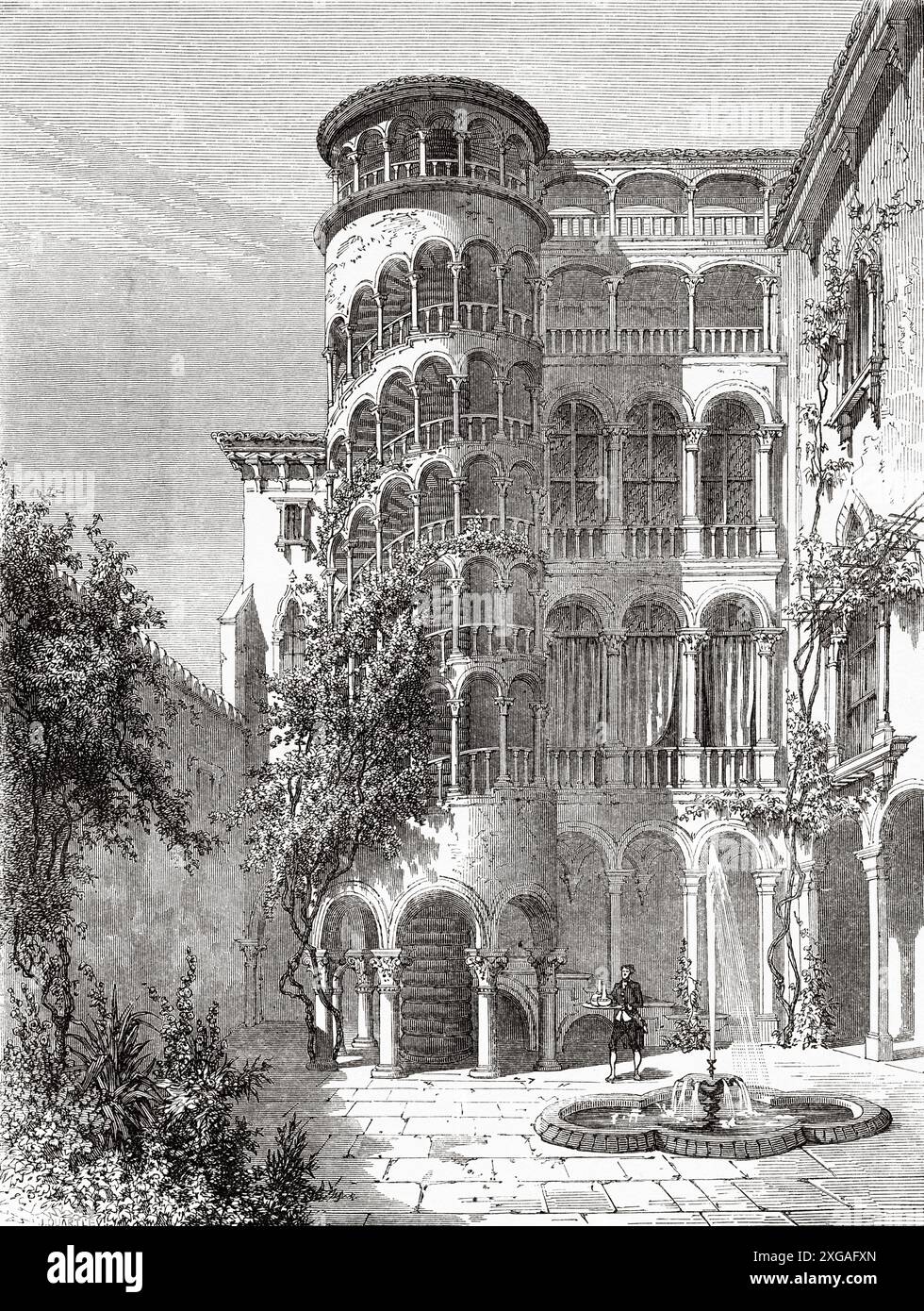 L'escalier du Palazzo Contarini del Bovolo, Venise. Italie, dessin d'Emile Therond (1821- 1883) Venise d'Adalbert de Beaumont (18091-1869) le Tour du monde 1862 Banque D'Images