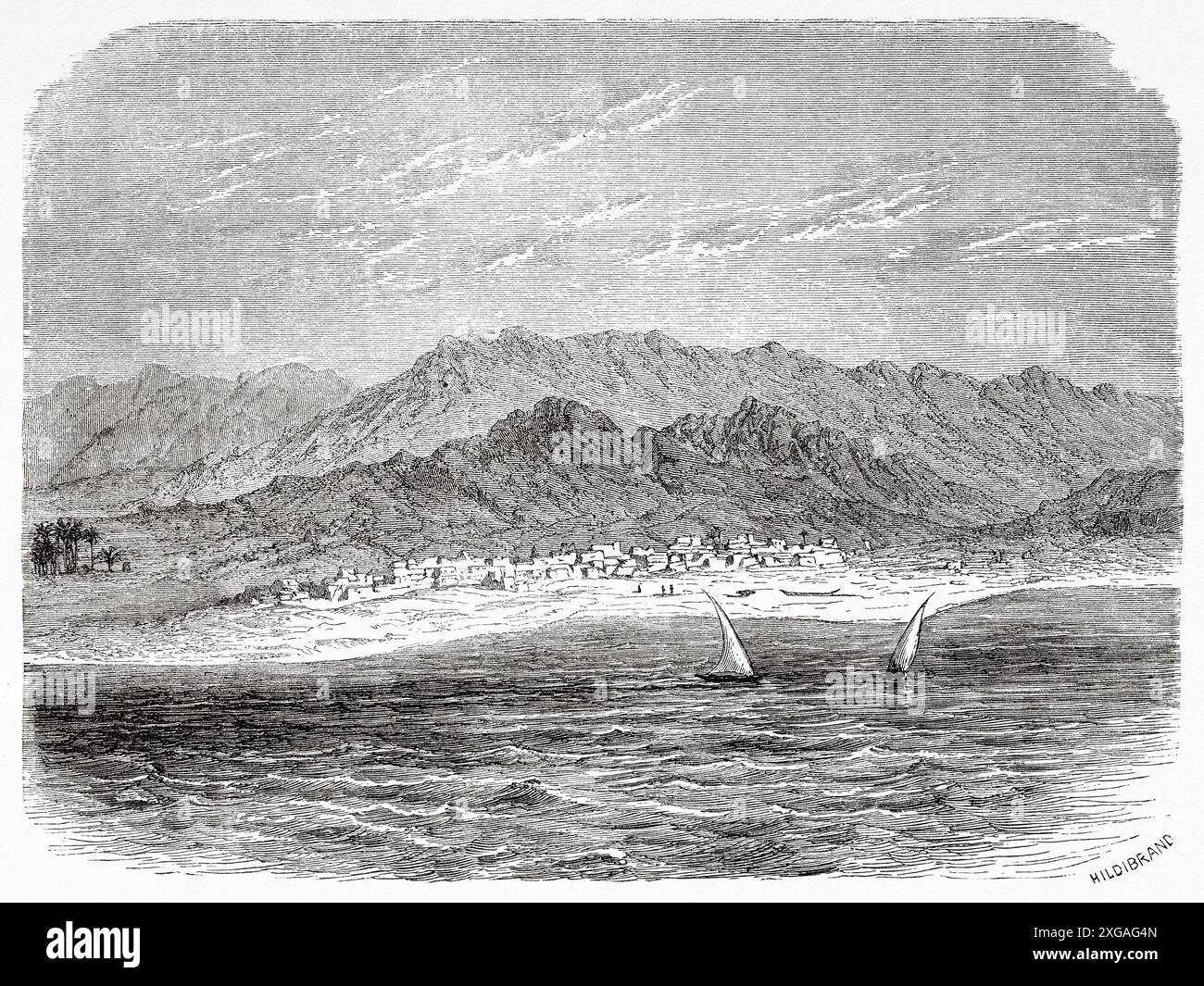 Village de Tadjoura, République de Djibouti, Afrique, dessin d'Alexandre de Bar (1821 - 1908) voyage d'Henri Lambert. Le Tour du monde 1862 Banque D'Images