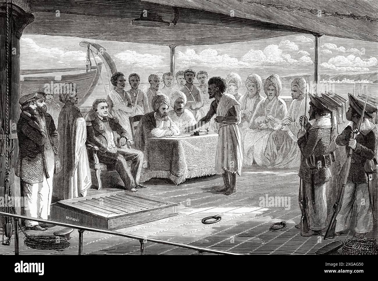 Déposition de témoin déposition d'Abdul Ahy devant le Cadi de Zeila et le commandant de la marine française Alphonse Fleuriot de Langle (1809-1881) suite à l'assassinat d'Henri Lambert, Afrique, dessin d'Auguste Hadamard (1823-1886) voyage d'Henri Lambert. Le Tour du monde 1862 Banque D'Images
