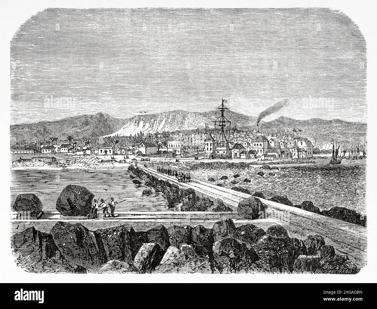 Vue ancienne sur le port Saint-Pierre, île de la Réunion. Océan Indien occidental, dessin d'Emile Therond (1821- 1883) voyage à la Réunion, 1861 de Louis Laurent Simonin (1830-1886) le Tour du monde 1862 Banque D'Images