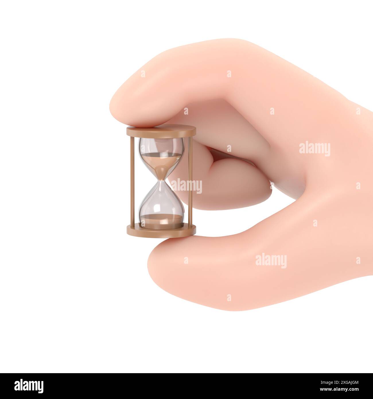 Maquette d'icône de geste de dessin animé. Icône en forme de sablier. Tenant le sablier dans la main. conception de dessins animés d'illustration 3d. Contrôle de la gestion du temps.renderi 3D. Banque D'Images