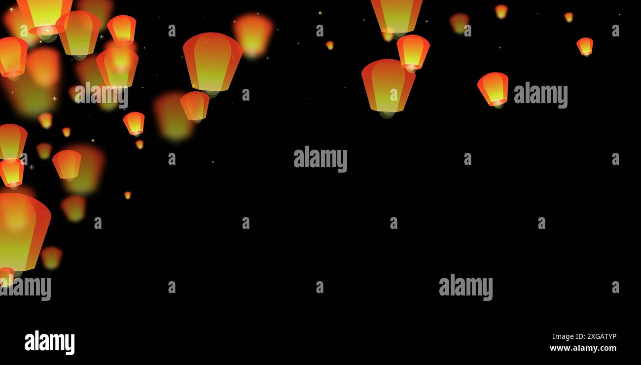 Carte du festival Loy krathong. Vacances en Thaïlande avec des lumières de lanterne en papier volant dans le ciel nocturne. Célébration de Loy Krathong. Illustration vectorielle sur noir Illustration de Vecteur