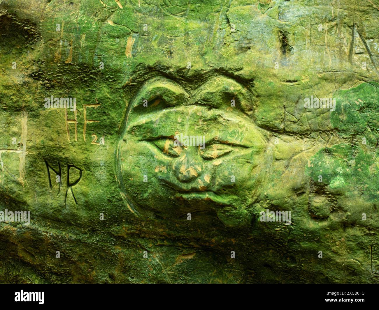 Sculpture en grès d'un visage de chat à côté de Hell Lane ancienne piste, près de Symondsbury, Dorset, Angleterre, Royaume-Uni, septembre 2021 Banque D'Images
