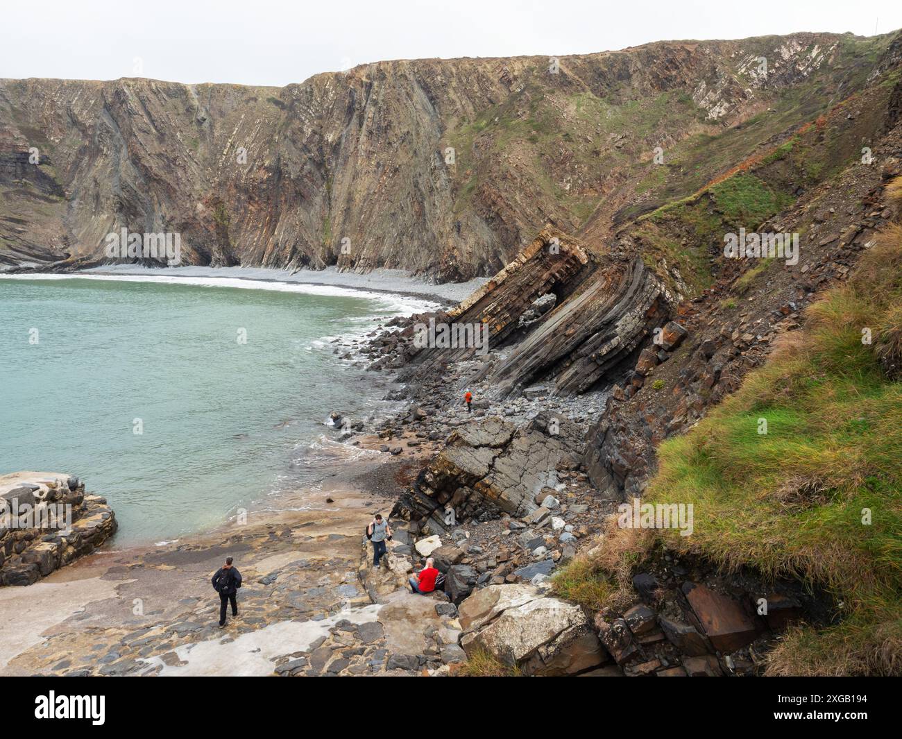 Touristes et falaises côtières montrant des plis dans les roches sédimentaires, Hartland Quay, Hartland Peninsula, Devon, Angleterre, Royaume-Uni, octobre 2022 Banque D'Images