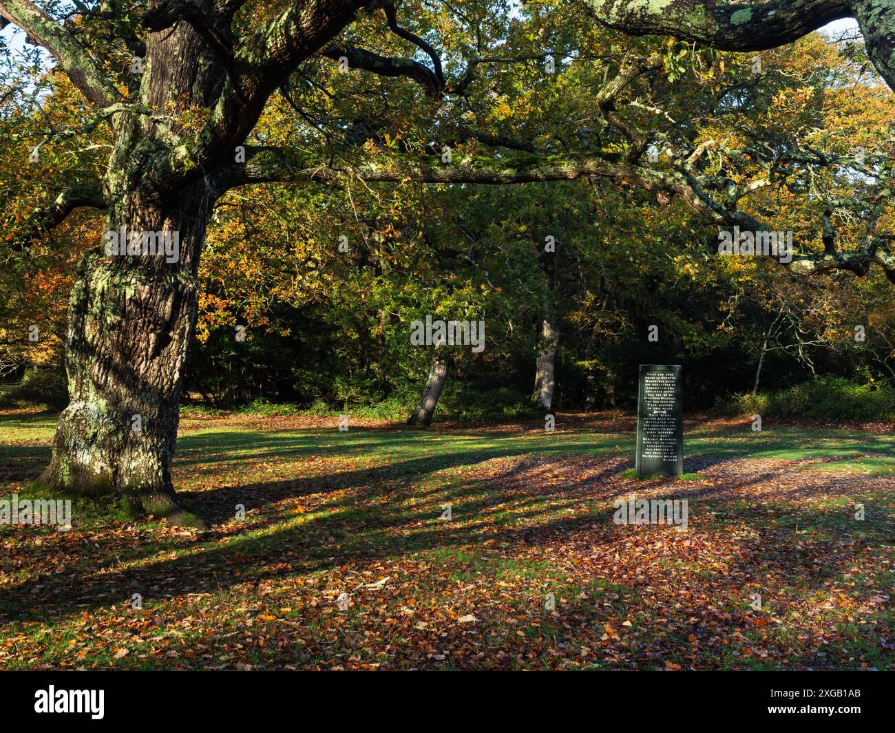 Mémorial en pierre de Rufus au roi William 2nd William Rufus à Castle Malwood Walk, près de Brook, New Forest National Park, Hampshire, Angleterre, Royaume-Uni, Banque D'Images