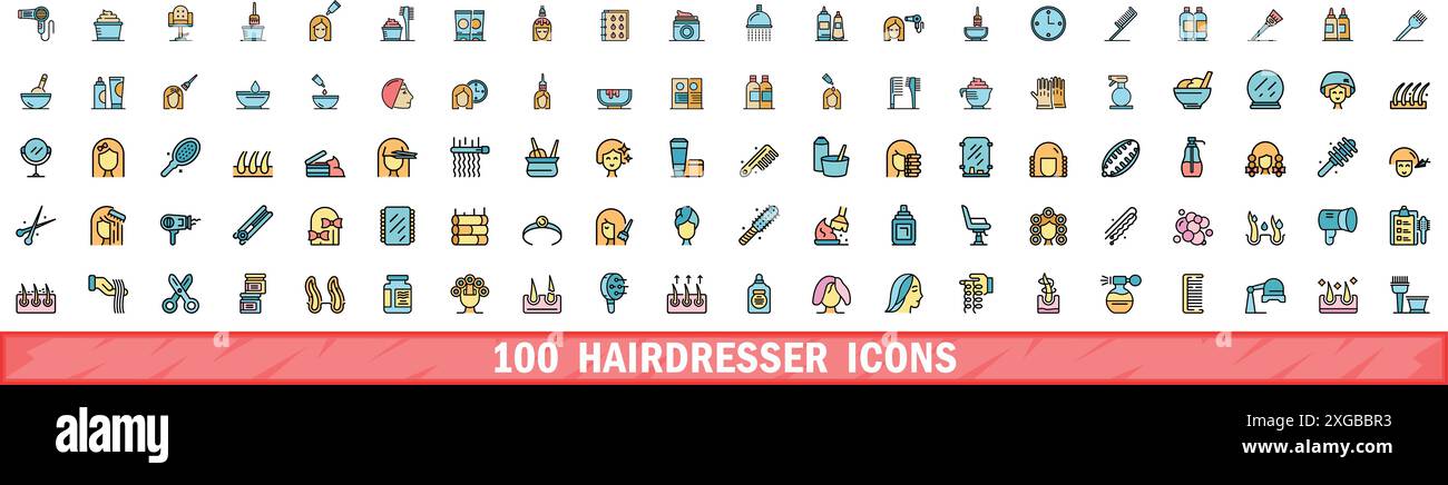 100 icônes de coiffeur ensemble. Ensemble de ligne de couleur des icônes vectorielles de coiffeur couleur de ligne mince plat sur blanc Illustration de Vecteur