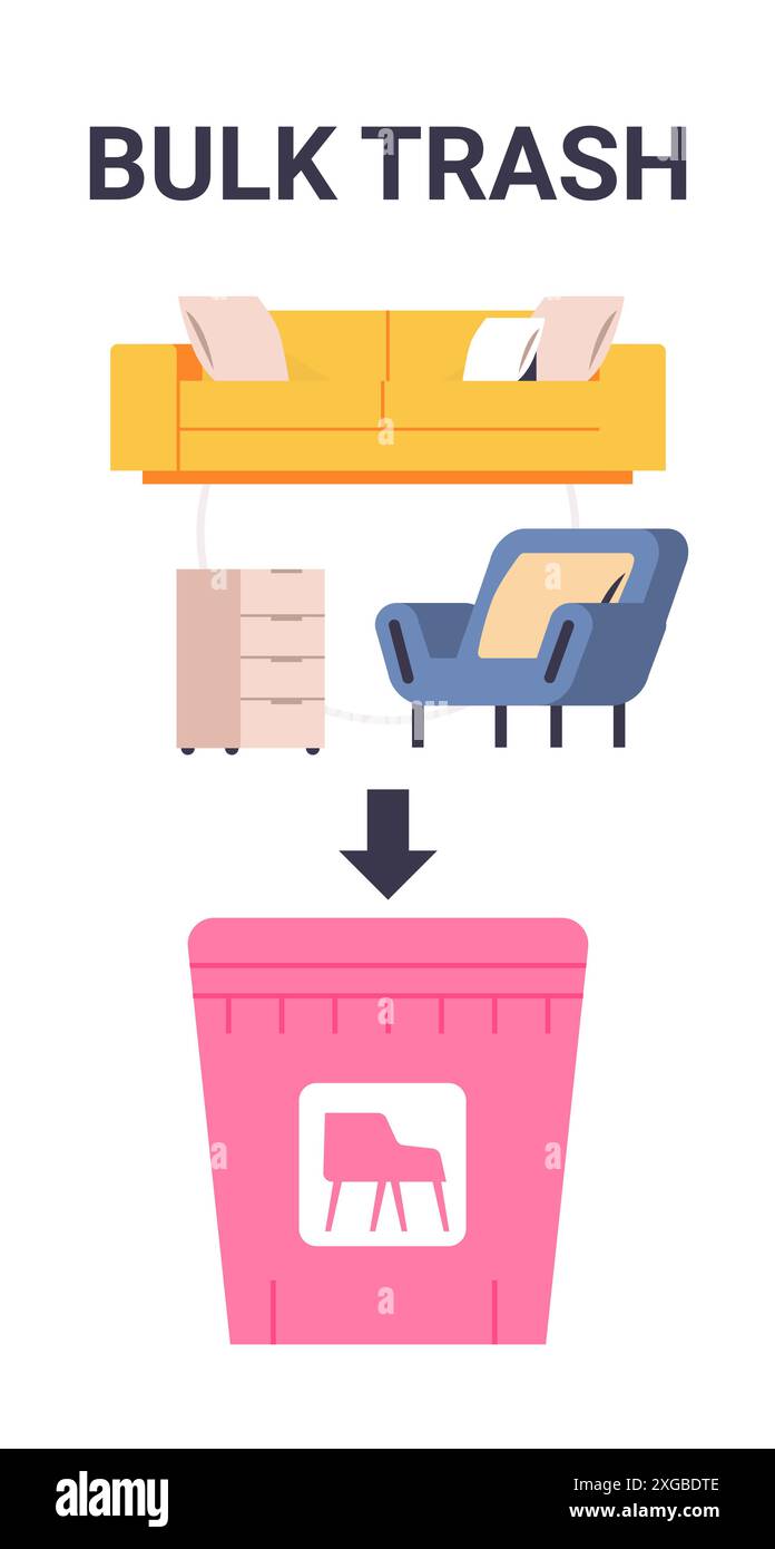 Illustration du concept de gestion des déchets en vrac montrant une chaise de canapé et une armoire disposés dans un bac rose avec une icône de meuble Illustration de Vecteur