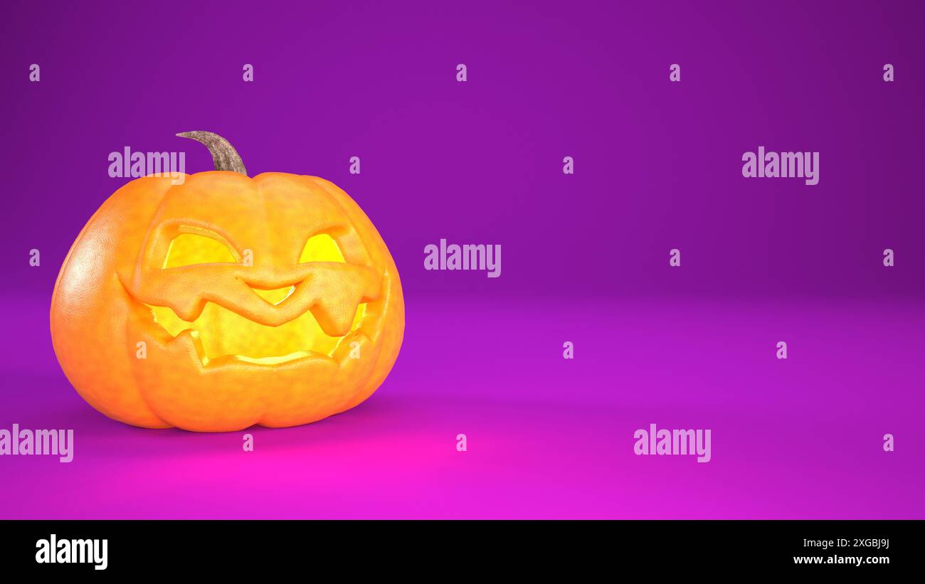 Fond d'Halloween avec Jack o lanterne. Sourires de citrouille d'Halloween sur fond violet avec espace de copie. rendu 3d. Banque D'Images
