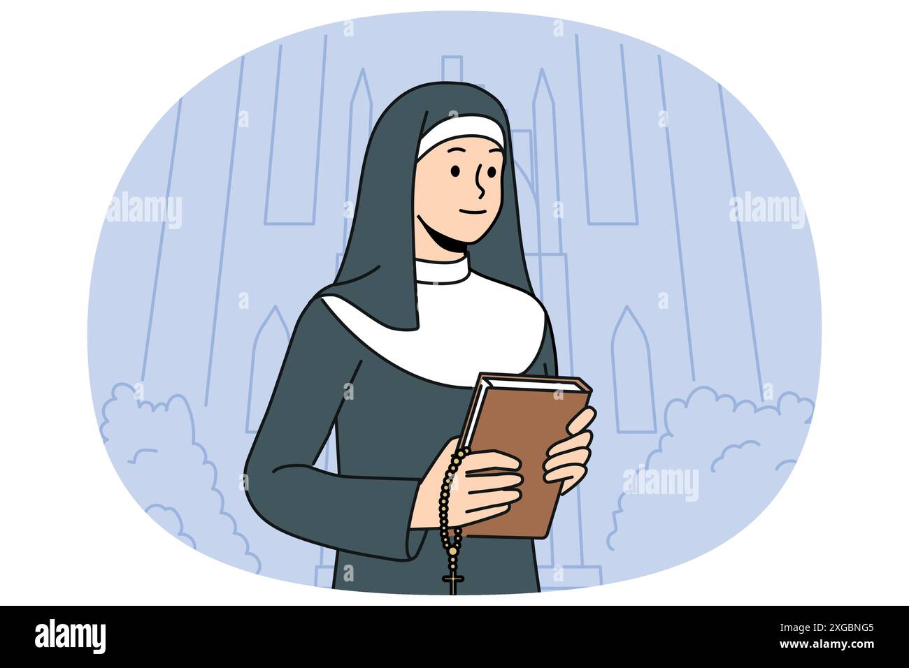Femme nonne avec la bible se tient près de l'église appelant à visiter les sanctuaires chrétiens et à étudier l'évangile ou les prières religieuses. Religieuse catholique en soutane blanche et noire tient la croix pour les rituels orthodoxes traditionnels. Illustration de Vecteur