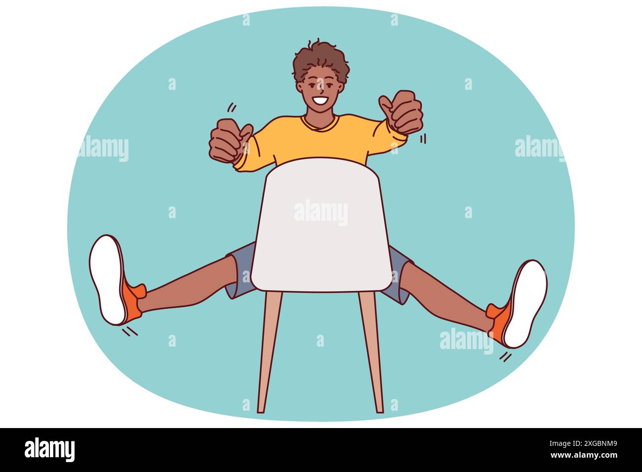 Un homme assis sur une chaise tient le volant invisible dans les mains et imagine que la conduite sur route à grande vitesse est un chauffeur de taxi. Un adolescent afro-américain conduit une voiture invisible Illustration de Vecteur
