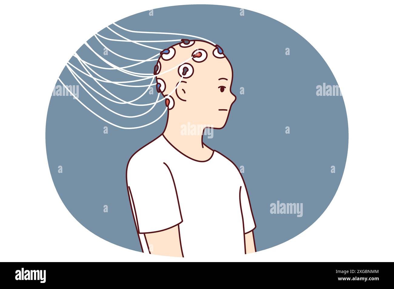 Homme avec des électrodes reliées à la tête pour étudier l'activité du cerveau et le travail des neurones ou le contrôle mental. Fils connectés à la tête de chauve gars pour développer des neurotechnologies ou créer des biorobots Illustration de Vecteur
