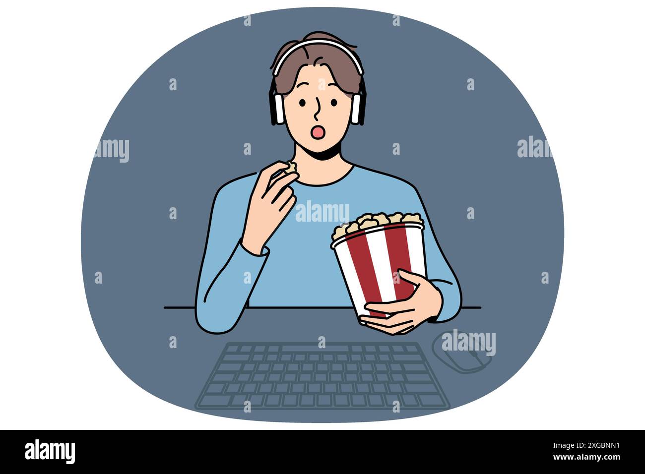 Homme avec paquet de pop-corn regarde le film assis à table avec l'ordinateur et regarde l'écran intrigué. Drôle de gars dans les écouteurs se détend en regardant de nouveaux blockbuster de films ou des séries télévisées populaires Illustration de Vecteur
