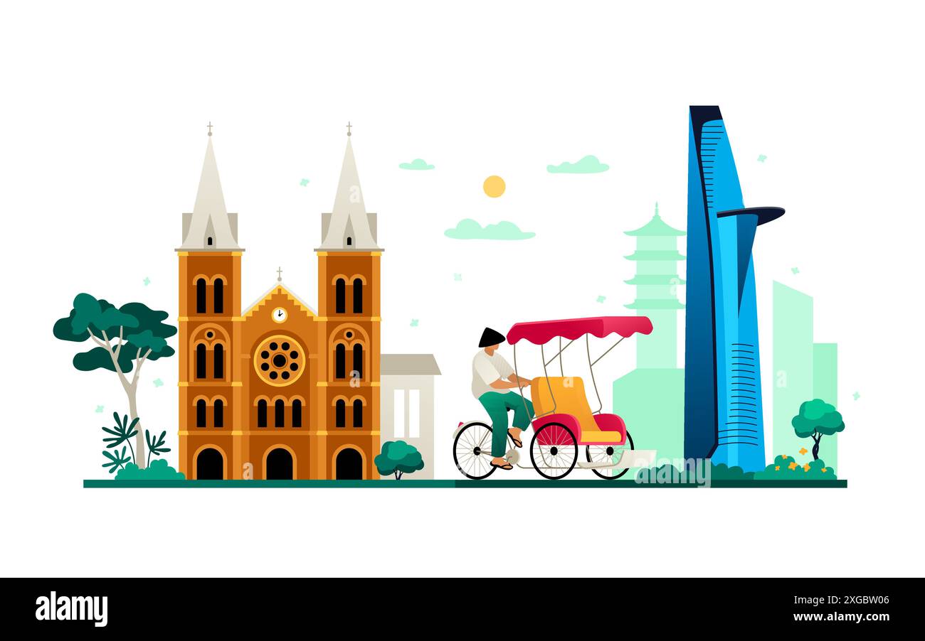 Notre Dame à Ho Chi Minh ville et Bitexco- illustration vectorielle colorée Illustration de Vecteur
