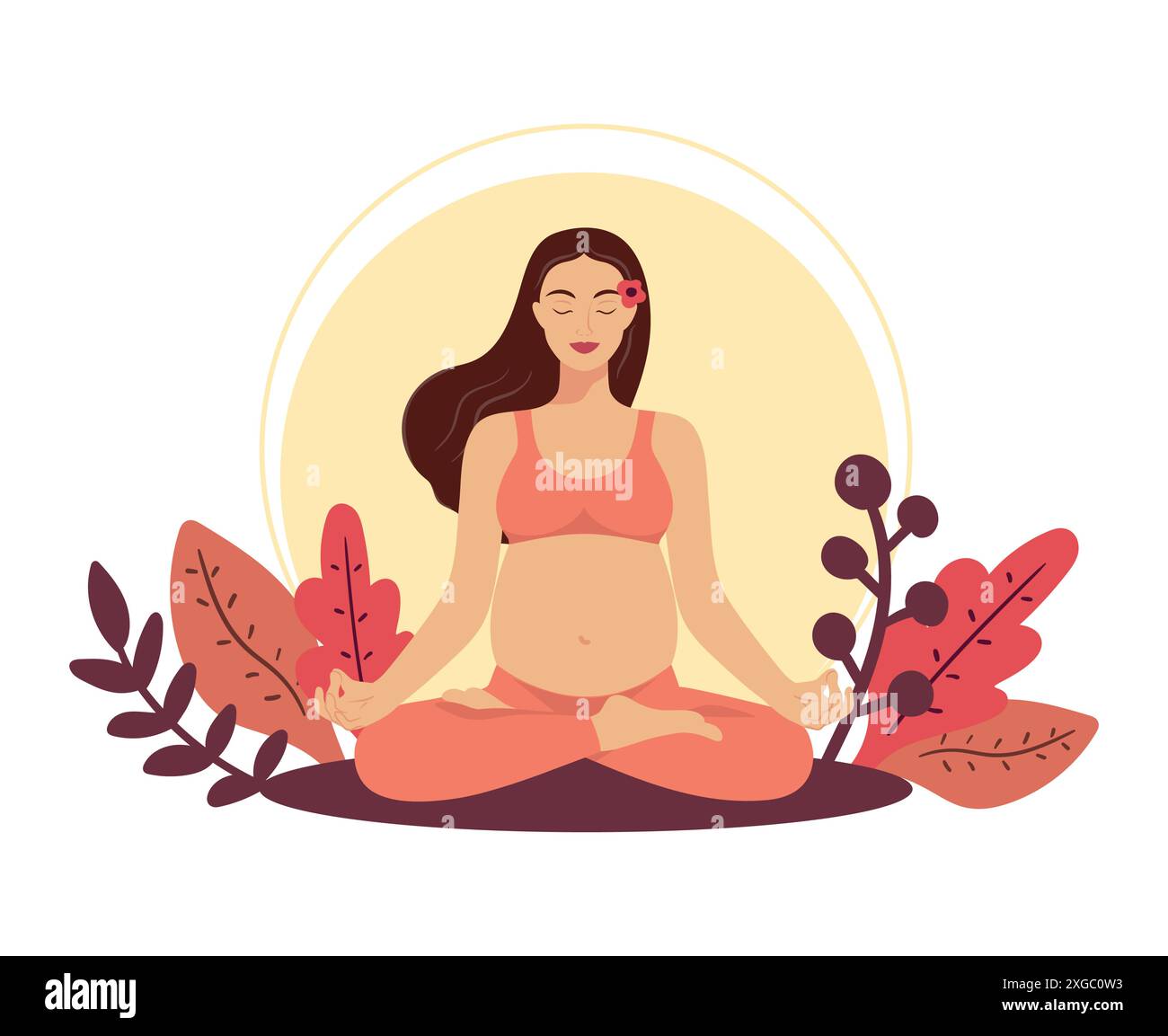Femme enceinte heureuse assise dans la pose du lotus. Méditer femme enceinte pratiquant le yoga périnatal sur fond de nature. Concept de grossesse saine Illustration de Vecteur