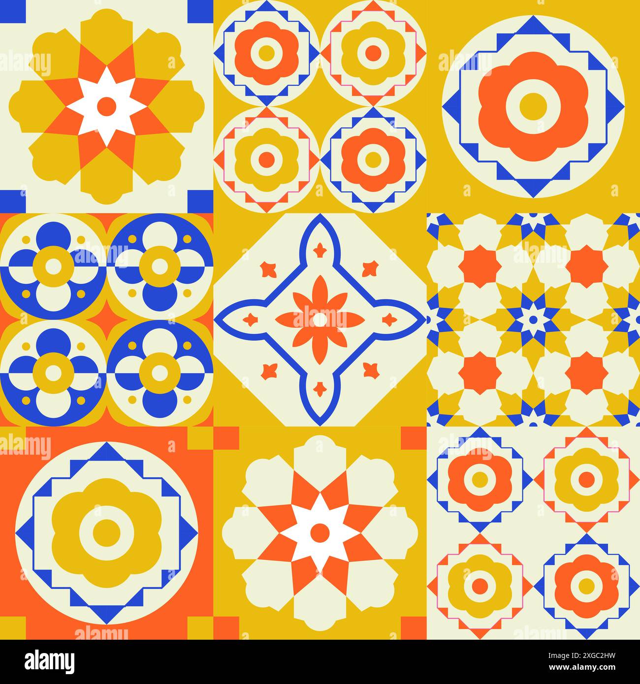 Motif de tuile dans le style portugais. Les couleurs bleu, jaune vif et orange créent un sentiment d'été et une ambiance méditerranéenne. Illustration de Vecteur