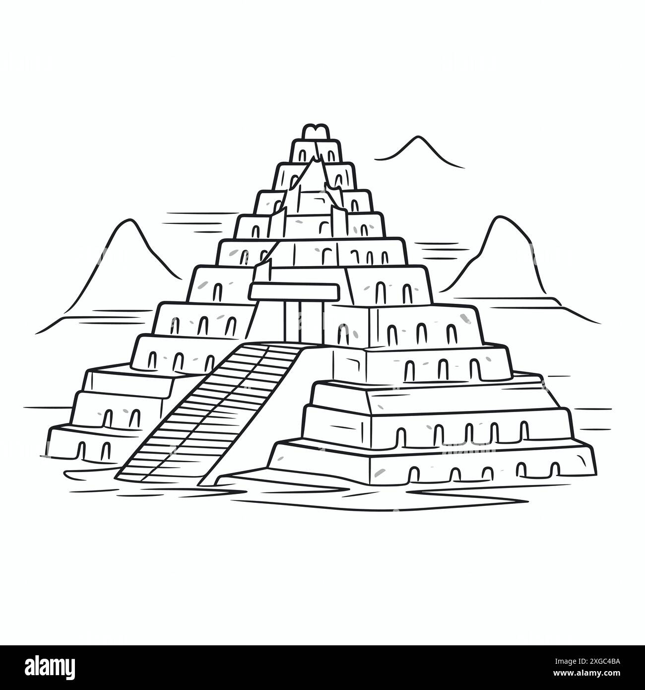 Illustration de dessin animé de pyramide en noir et blanc avec montagnes Illustration de Vecteur