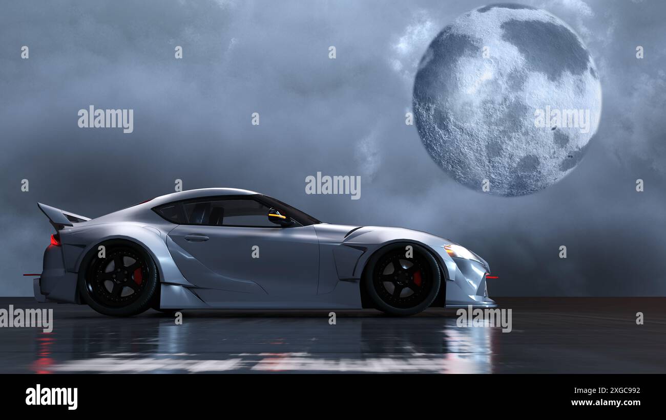 une voiture de sport argentée au clair de lune sous une grande pleine lune Banque D'Images