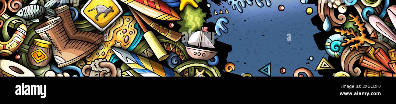 Dessin animé vecteur doodle Australie fond. Design de bannière colorée australienne drôle Illustration de Vecteur