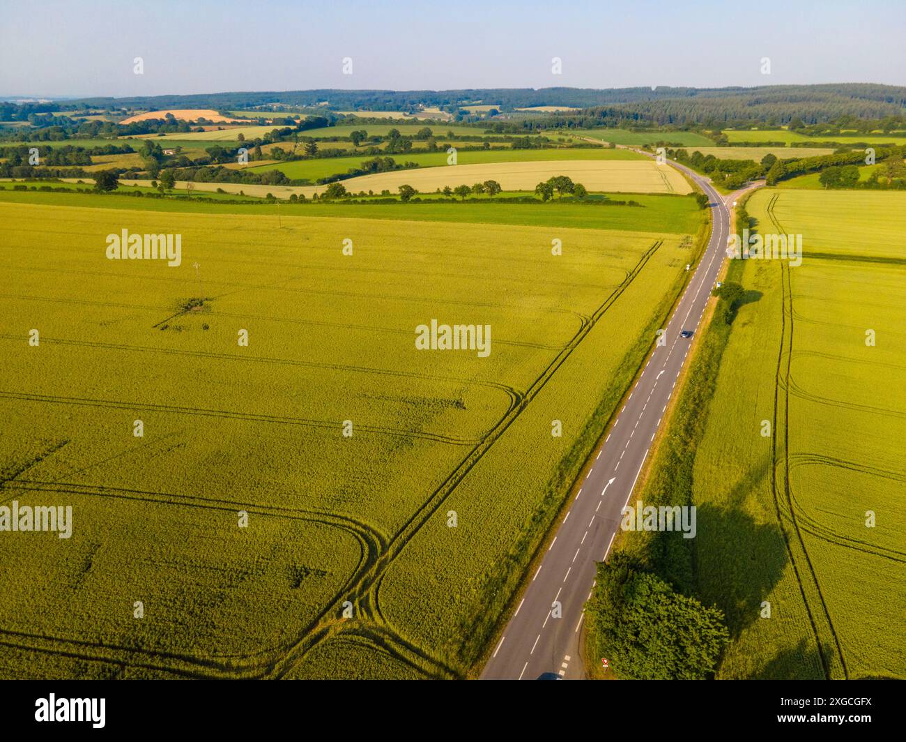 France, Orne, Parc naturel régional Normandie Maine, Carrouges, champs (vue aérienne) Banque D'Images