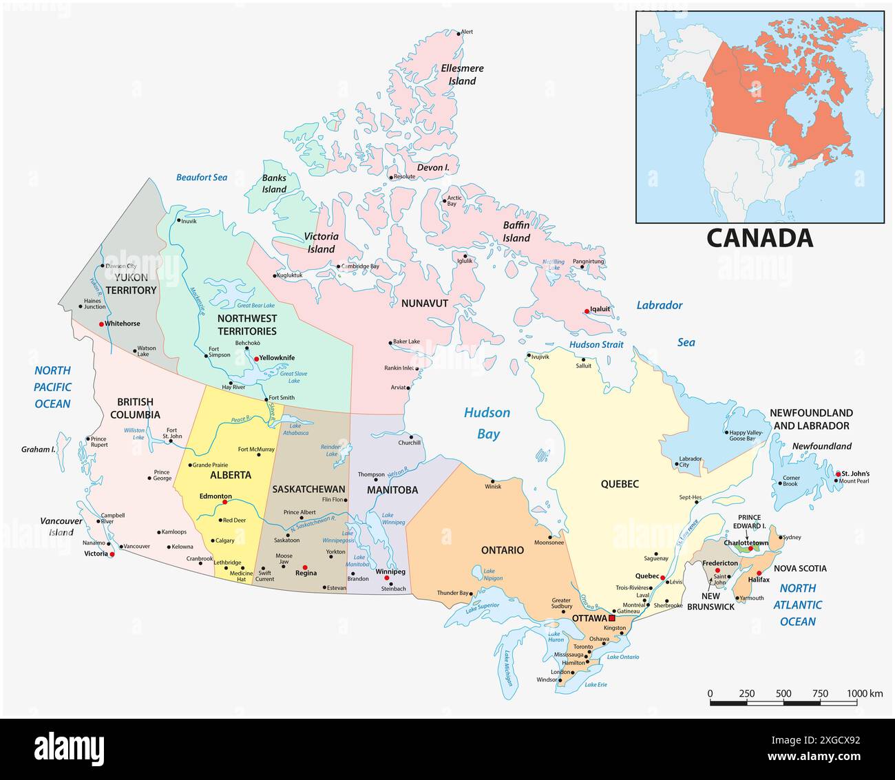 Carte vectorielle administrative de l'État nord-américain du Canada Banque D'Images