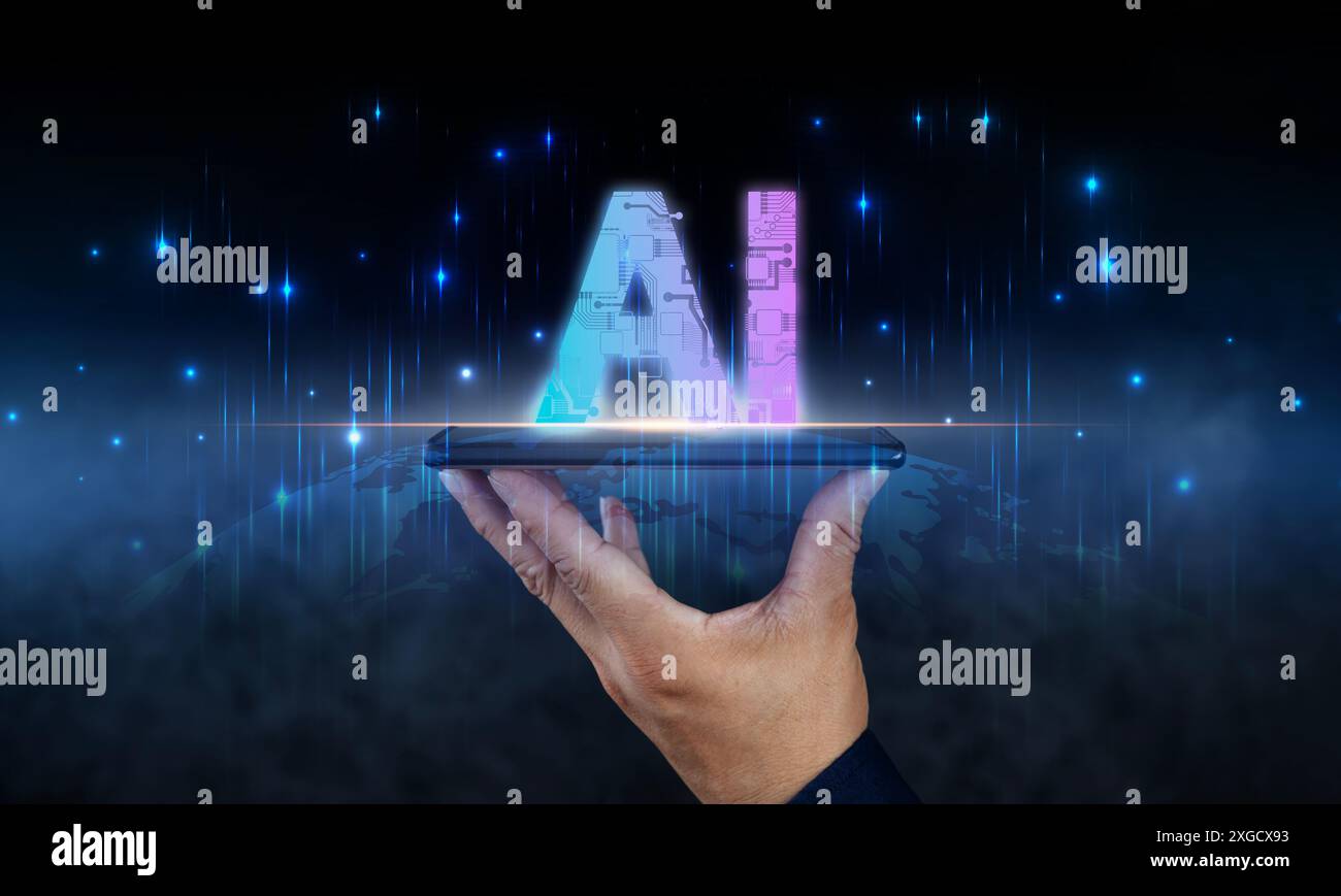 Homme utilisant des outils ai. technologie smart robot science et technologie d'intelligence artificielle, et innovation futuriste et connexion globale pour providi Banque D'Images
