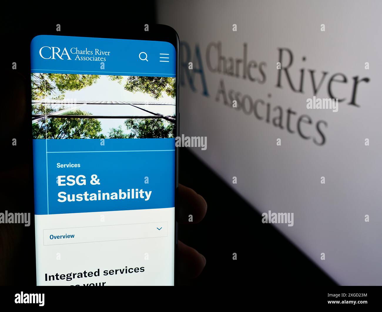 Personne tenant un téléphone intelligent avec la page Web de CRA International Inc (Charles River Associates) devant le logo. Concentrez-vous sur le centre de l'écran du téléphone. Banque D'Images