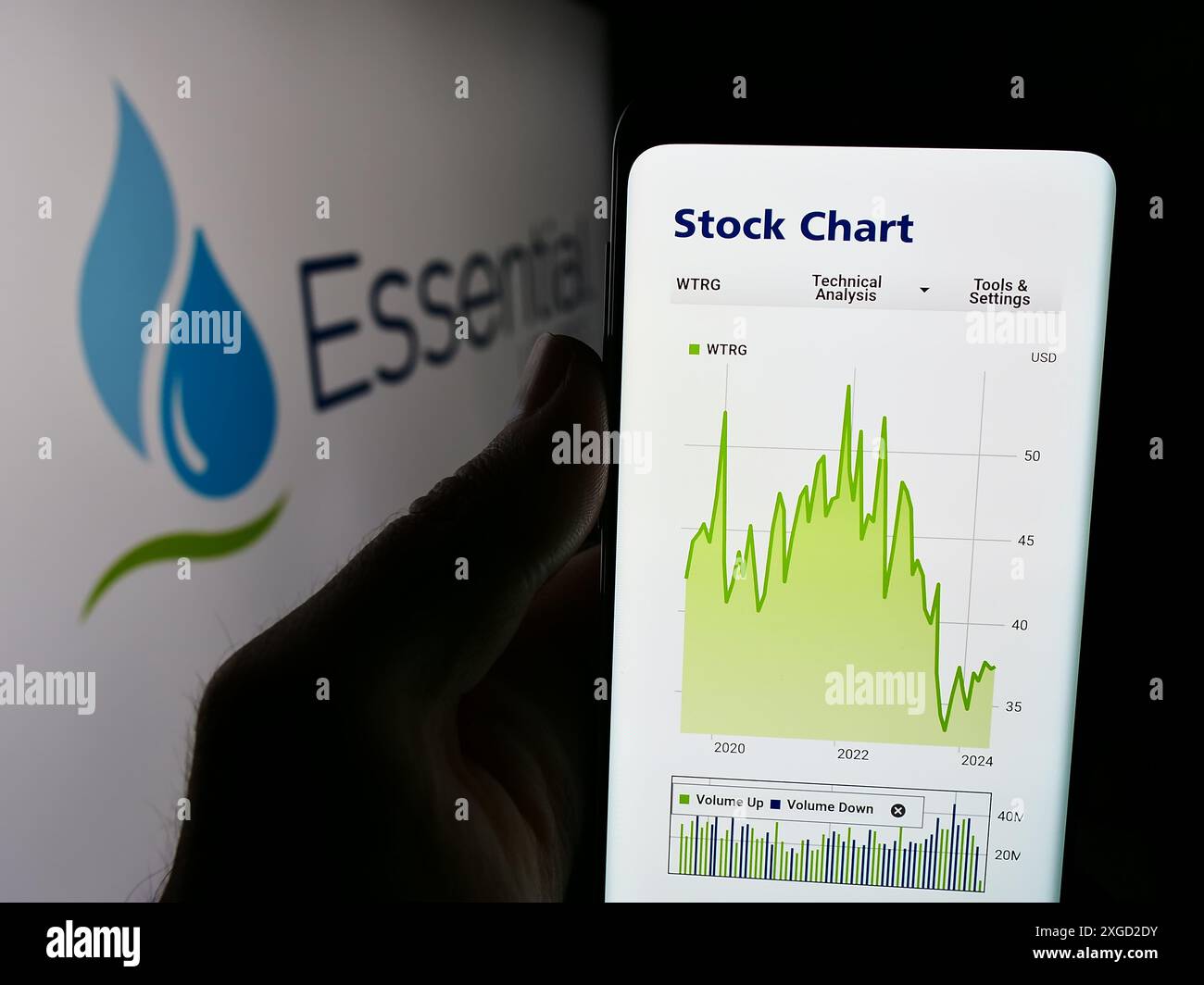 Personne tenant le téléphone portable avec le site Web de la société de service d'eau américaine Essential Utilities Inc devant le logo. Concentrez-vous sur le centre de l'écran du téléphone. Banque D'Images