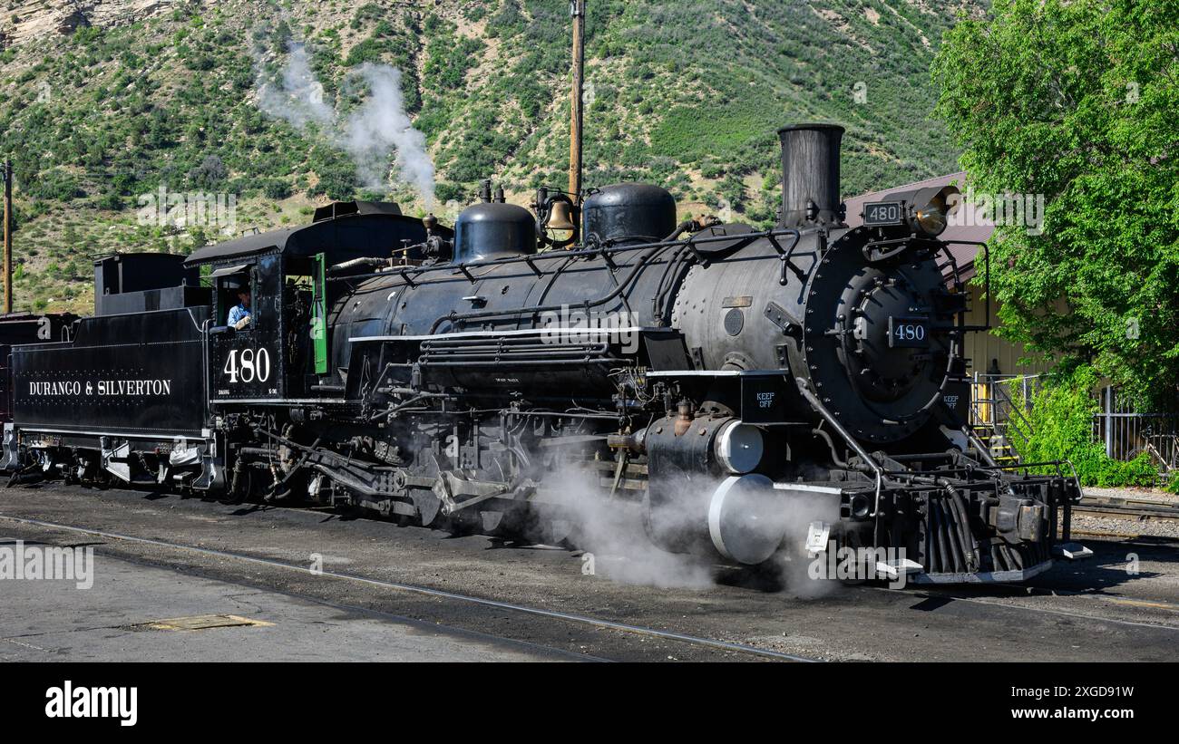 Durango, CO, États-Unis - 15 juin 2024 ; Durango and Silverton Narrow Gauge Railroad locomotive 480 Baldwin K36 Class Banque D'Images