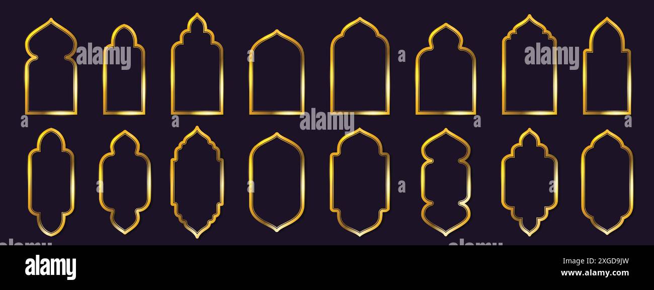 Cadres arabes dorés simples. Fenêtre d'architecture islamique, porte orientale et formes d'arc inspirées des bordures de ligne décoratives brillantes, cadre doré avec ombre Illustration de Vecteur