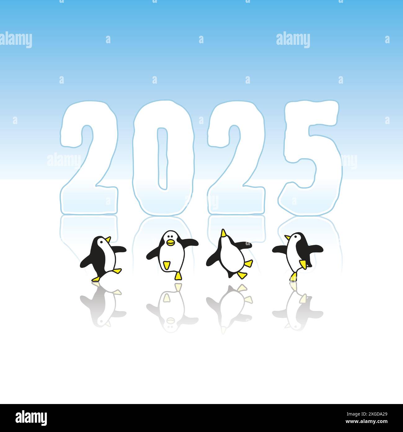 Quatre pingouins heureux dansant devant la sculpture sur glace de l'année 2025 Illustration de Vecteur