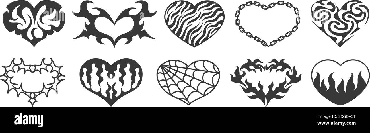 Formes de tatouage de coeur néo tribal. Coeurs de flamme chaude, chaîne d'amour, toile d'araignée et symboles de coeur à pointes. Ensemble vectoriel de stickers romantiques gothique Y2K Illustration de Vecteur