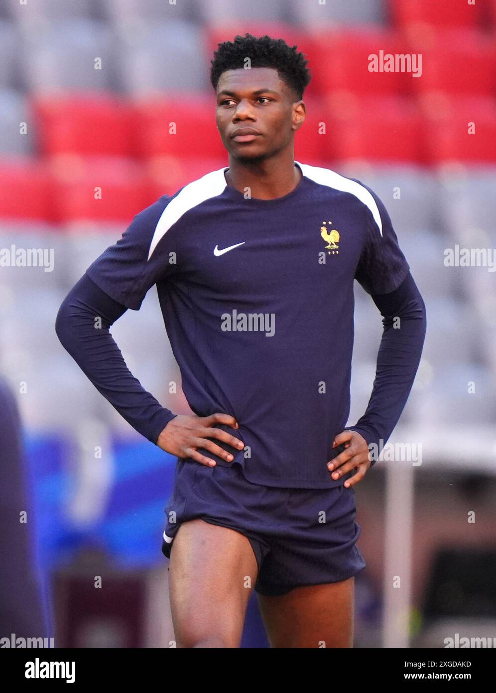 Le Français Aurelien Tchouameni lors d'une séance d'entraînement au Munich Football Arena à Munich, en Allemagne. Date de la photo : lundi 8 juillet 2024. Banque D'Images