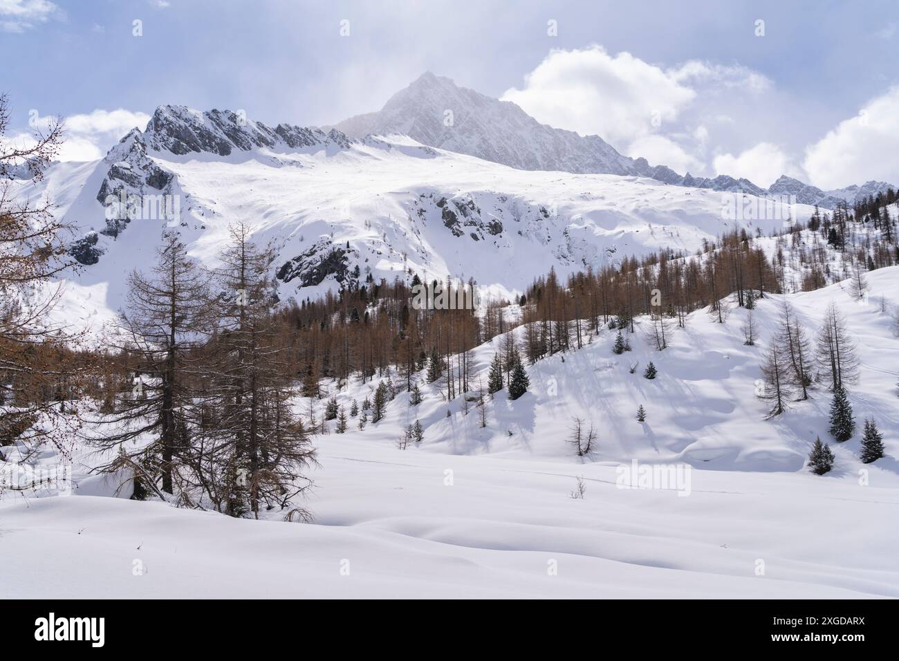 Randonnée dans le parc Adamello en hiver, Vallecamonica, province de Brescia, région de Lombardie, Italie, Europe Banque D'Images