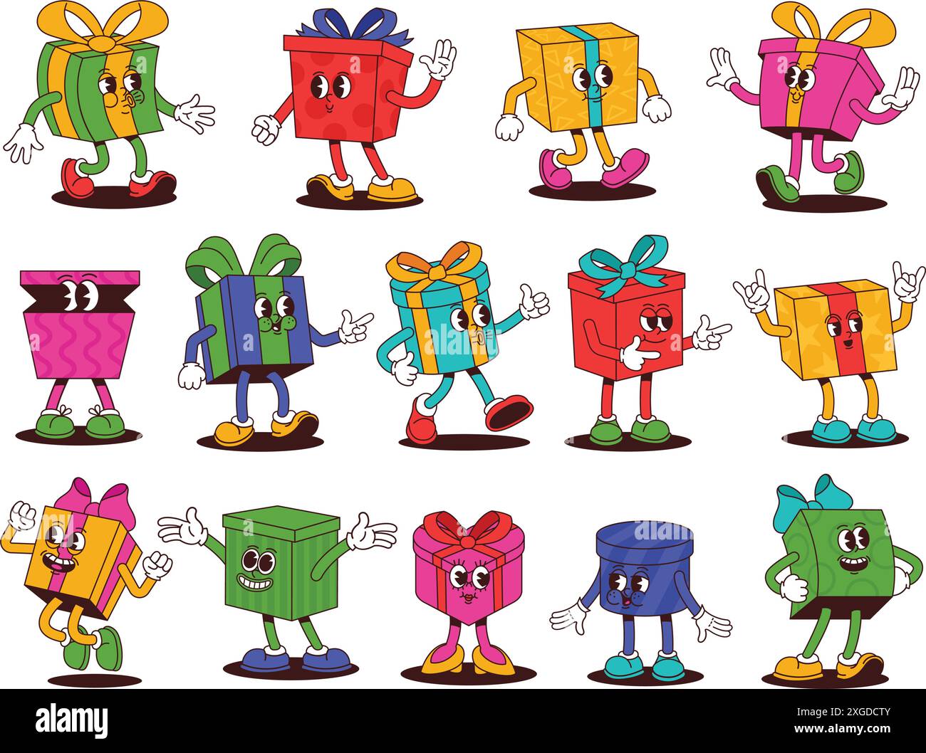 Mascotte de boîte cadeau de dessin animé rétro. Happy présente des personnages, des cadeaux d'anniversaire avec des noeuds en ruban et des boîtes de fête avec des bras de style tuyau en caoutchouc, des jambes et groovy Illustration de Vecteur