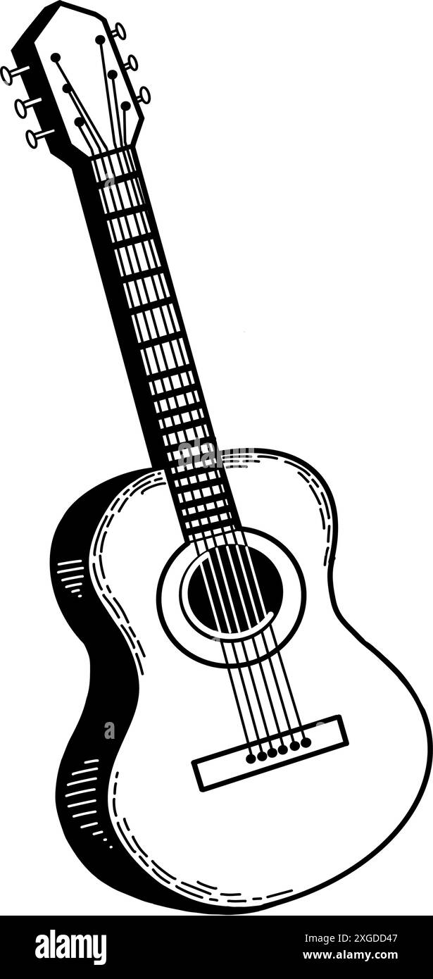 Instrument de musique - guitare. Illustration vectorielle. Tous les objets sont dessinés à la main en noir en vecteur. Convient pour l'impression sur invitations, affiches, cartes Illustration de Vecteur