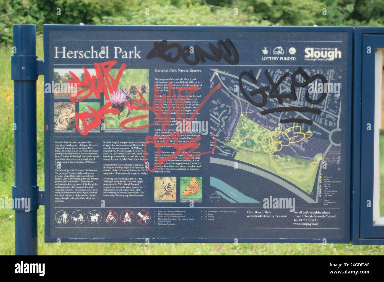 Slough, Royaume-Uni. 8 juillet 2024 la police de la vallée de la Tamise a bouclé une partie de Herschel Park au large de Datchet Road à Slough, Berkshire. Hier, vers 13h16, des officiers se sont rendus au parc Herschel, suite à un rapport du public. Les policiers se sont rendus sur les lieux et ont trouvé les restes d'une personne. Une enquête est en cours sur ce décès, qui est actuellement considéré comme inexpliqué. Crédit : Maureen McLean/Alamy Live News Banque D'Images