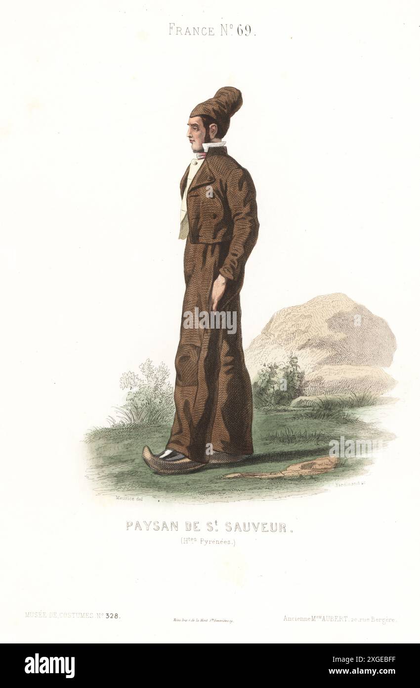 Paysan de Luz-Saint-Sauveur, Pyrénées françaises. Casquette, veste, gilet, pantalon et sabots pointus distinctifs. Paysan de – Sauveur, Hautes-Pyrénées. Gravure sur acier colorée à la main par Ferdinand d'après une illustration de C. Maurice du Musée Cosmopolite, Musée de costumes, Musée Cosmopolitan, édité par l'ancienne maison Aubert, Paris, 1850. Banque D'Images Paysan de Luz-Saint-Sauveur, Pyrénées françaises. Casquette, veste, gilet, pantalon et sabots pointus distinctifs. Paysan de – Sauveur, Hautes-Pyrénées. Gravure sur acier colorée à la main par Ferdinand d'après une illustration de C. Maurice du Musée Cosmopolite, Musée de costumes, Musée Cosmopolitan, édité par l'ancienne maison Aubert, Paris, 1850. Banque D'Images