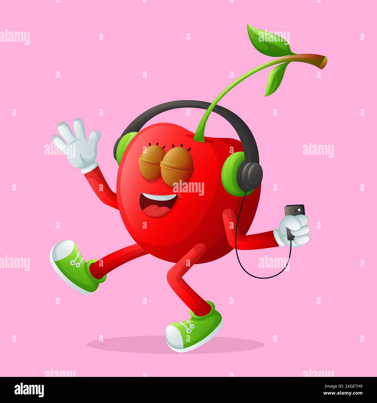Mignon personnage de cerise écoutant de la musique. Parfait pour les enfants, la marchandise et l'autocollant, la promotion de bannière ou le blog Illustration de Vecteur