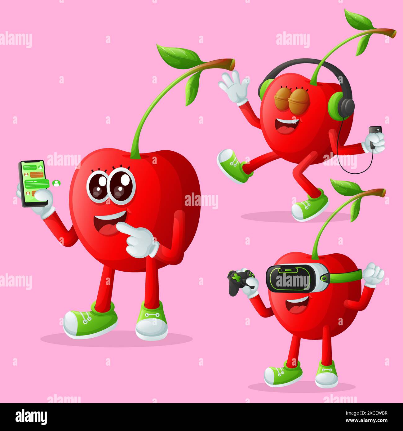 Ensemble de personnages mignons de cerise et de technologie. Parfait pour les enfants, la marchandise et l'autocollant, la promotion de bannière ou le blog Illustration de Vecteur