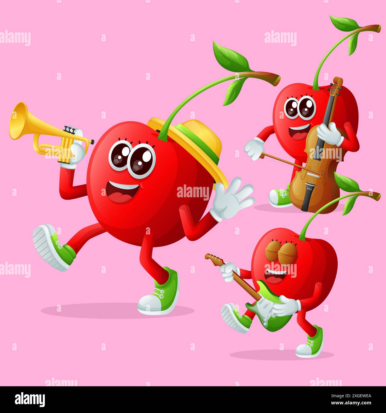 Ensemble de personnages mignons de cerise jouant des instruments de musique. Parfait pour les enfants, la marchandise et l'autocollant Illustration de Vecteur