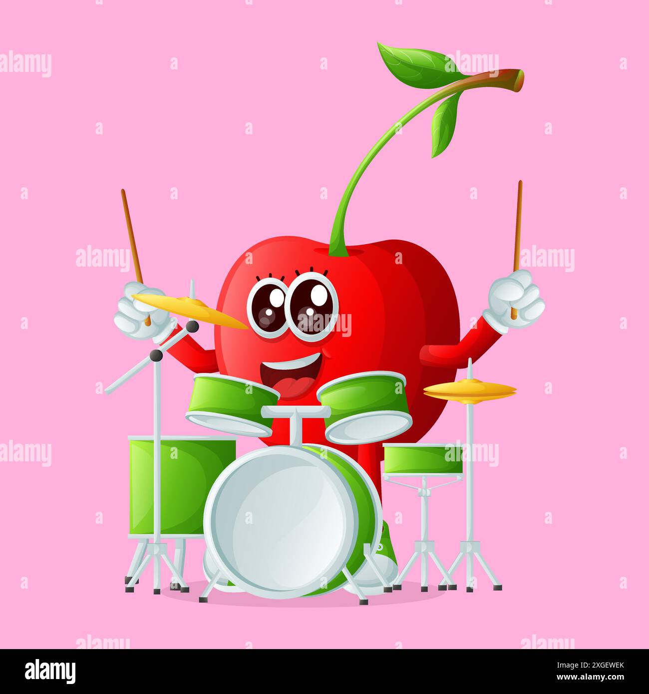 Personnage mignon de cerise jouant du tambour. Parfait pour les enfants, la marchandise et l'autocollant Illustration de Vecteur